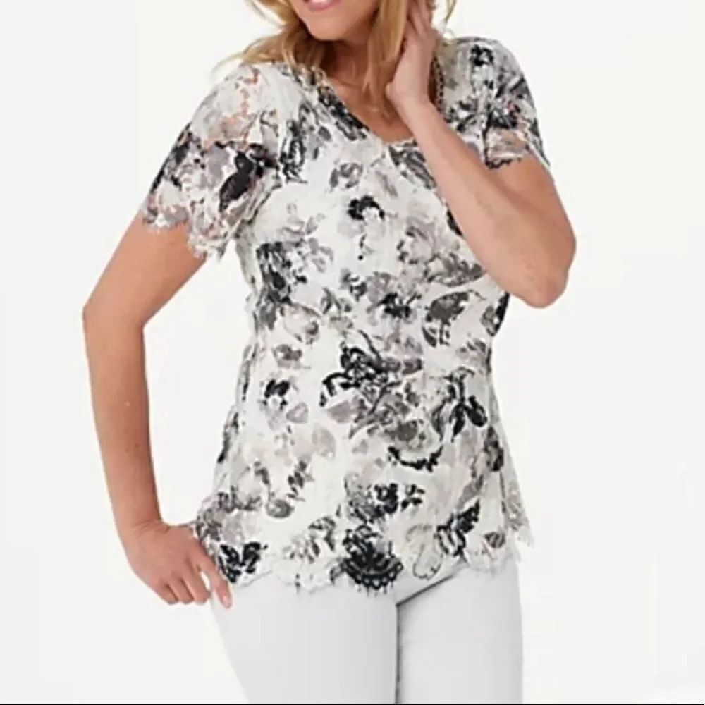 Isaac Mizrahi Live! Scoop Neck Floral Printed Lace Knit Top